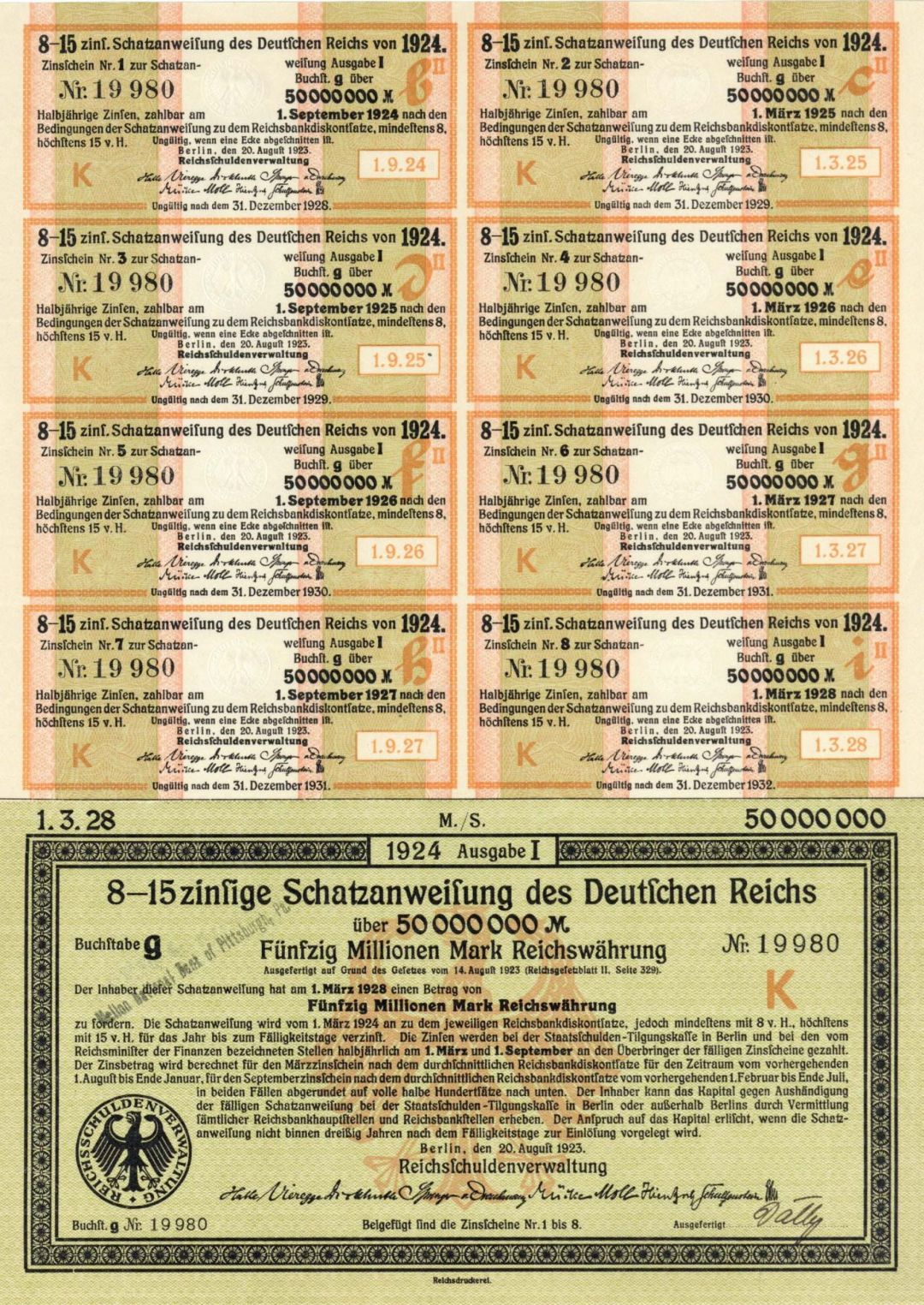 Schatzanweifung des Deutfchen Reichs - 1923 dated 50,000,000 German Marks Bond - Germany