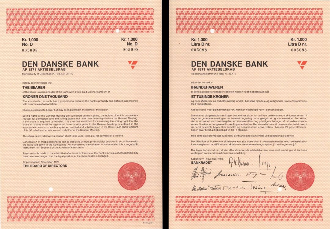Den Danske Bank - 1976 dated 1,000 Krone Bond