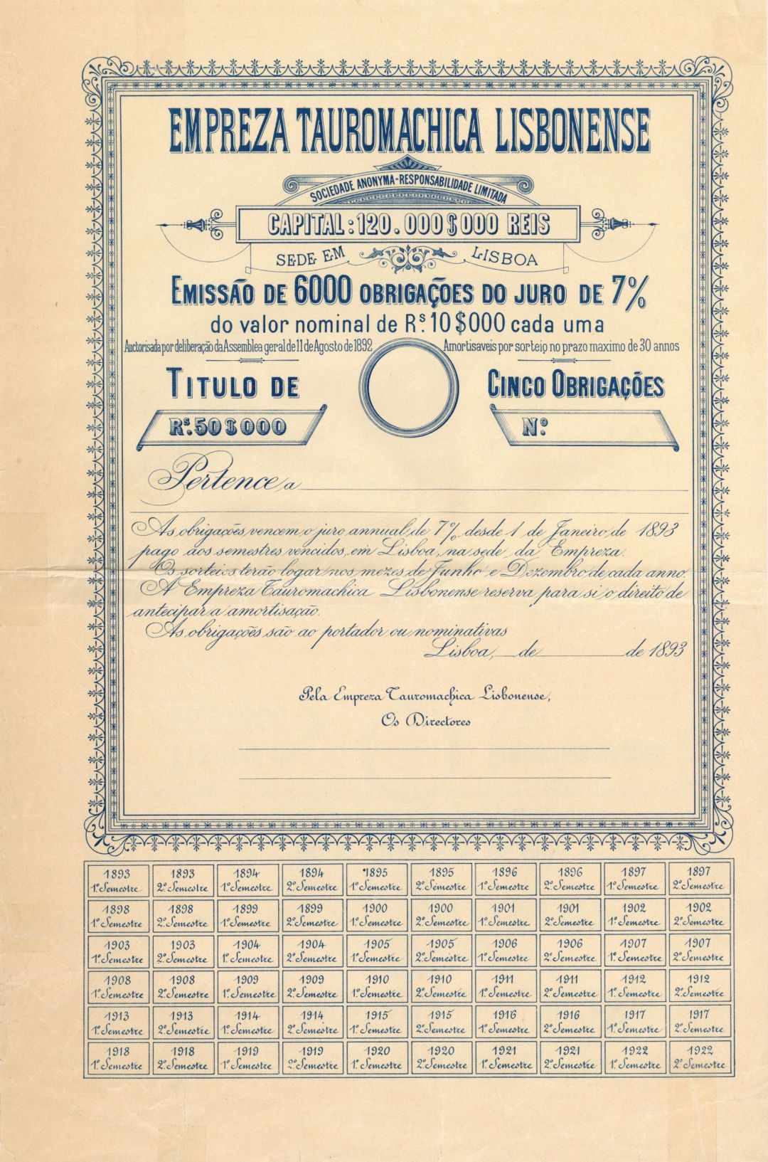 Empreza Tauromachica Lisbonense - 1893 dated Foreign Bonds
