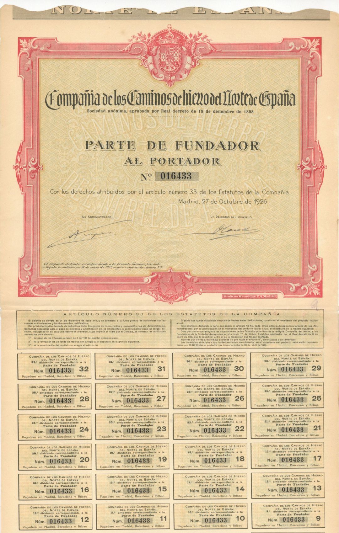 Compania De Los Caminos De Hierro Del Norte De Espana - 1926 dated Foreign Bonds