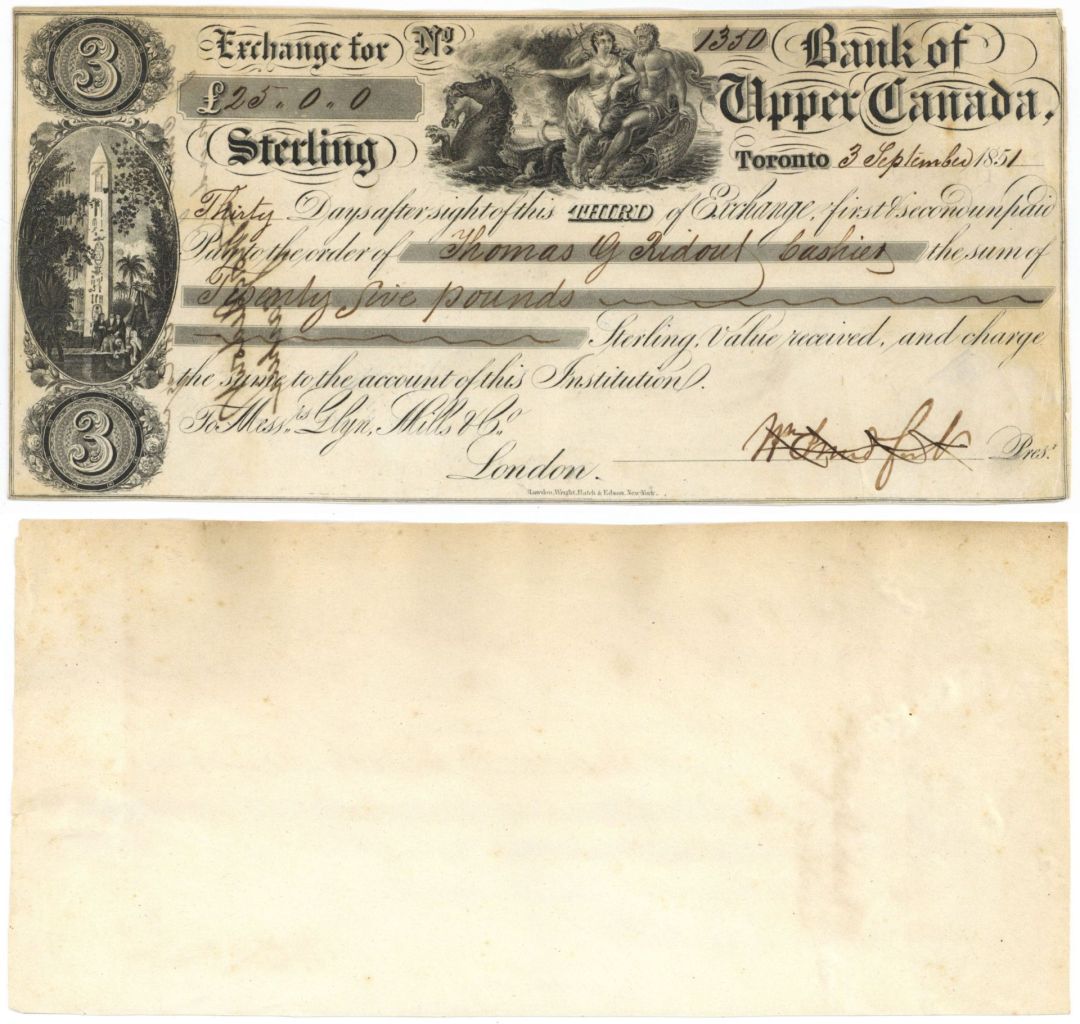 Bank of Upper Canada Exchange Draft dated 1851 - Canadian Third Exchange - Mounted on Thin Card