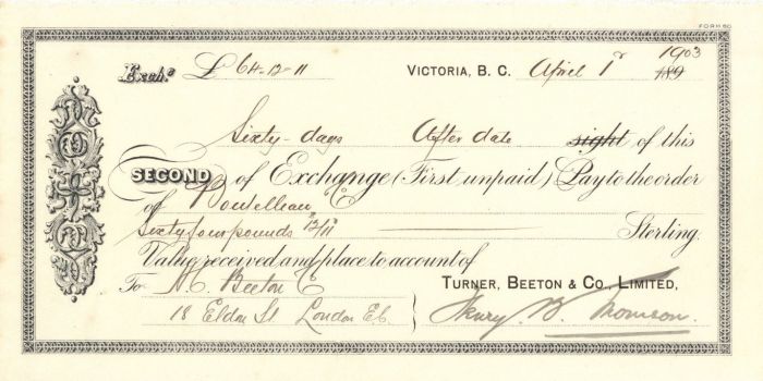 Second of Exchange - 1903 dated Canadian Check - Victoria, British Columbia