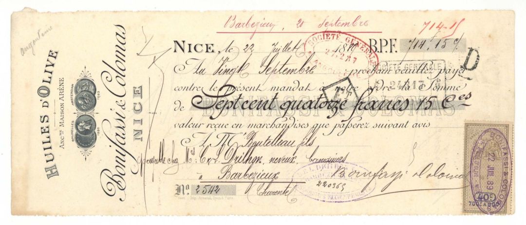 Huiles D'Olive -  1889 or 1890 dated Check