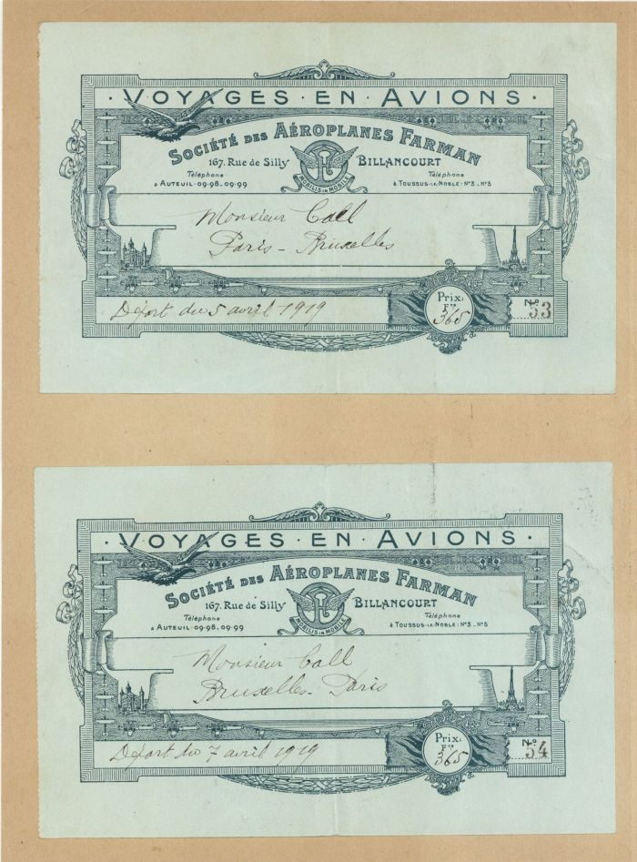 1919 dated Pair of Farman Airline Tickets - Société Générale des Transports Aériens