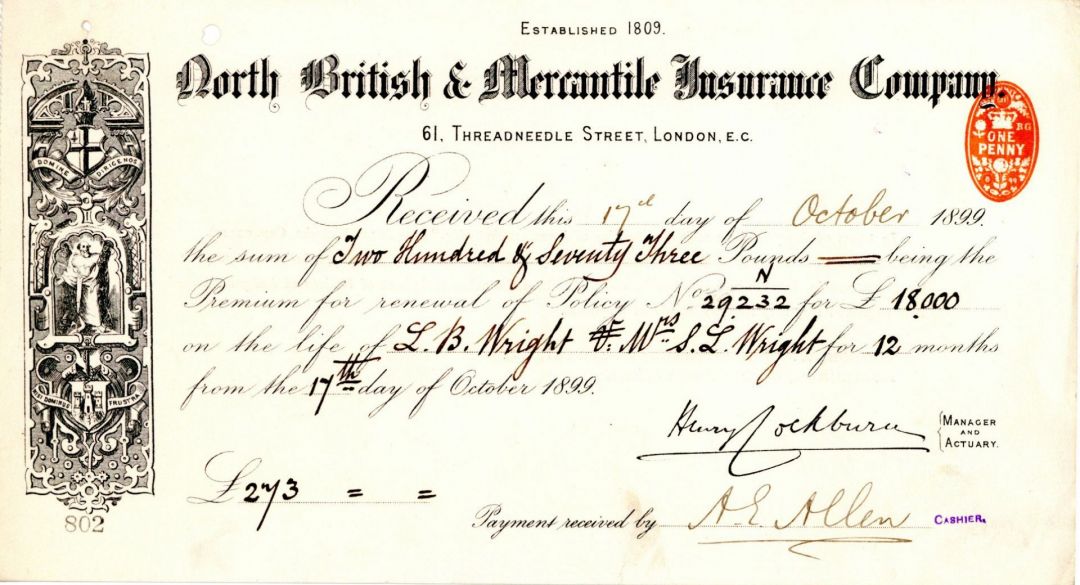 North British and Mercantile Insurance Co. Receipt - Foreign Document