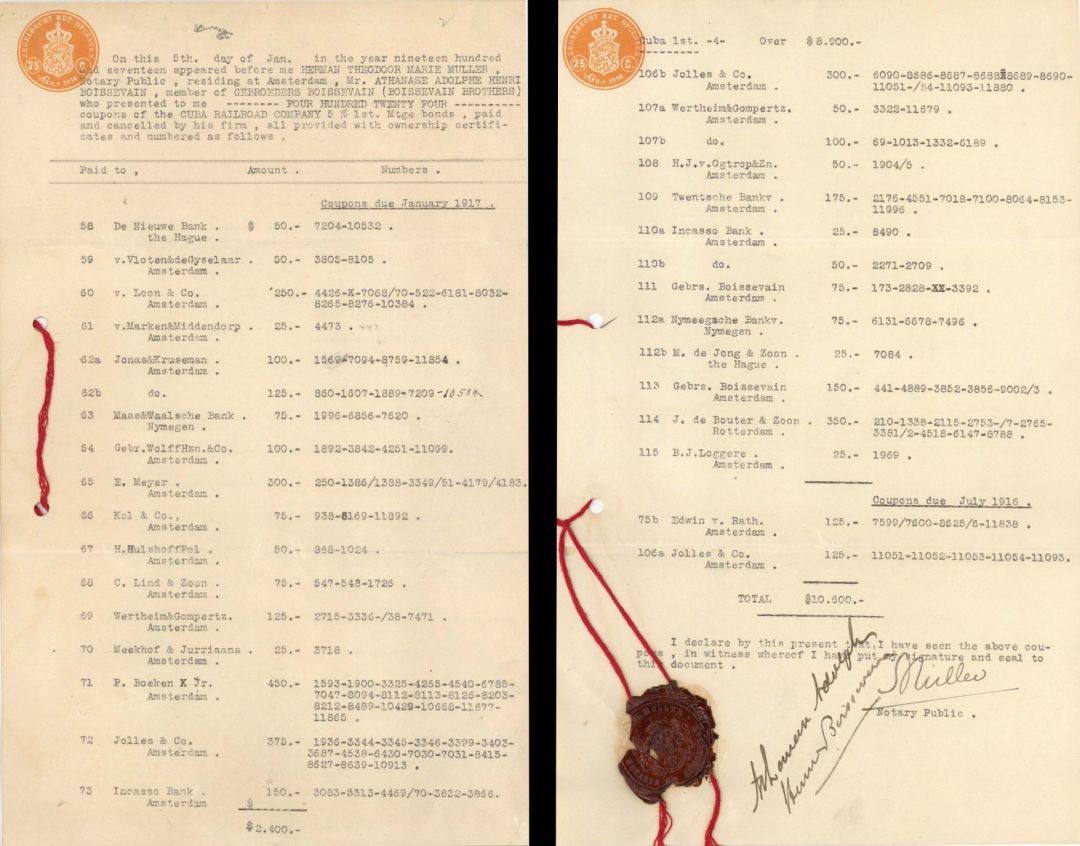  Cuba RR Co. Certificate of Ownership - 1917 dated Foreign Document
