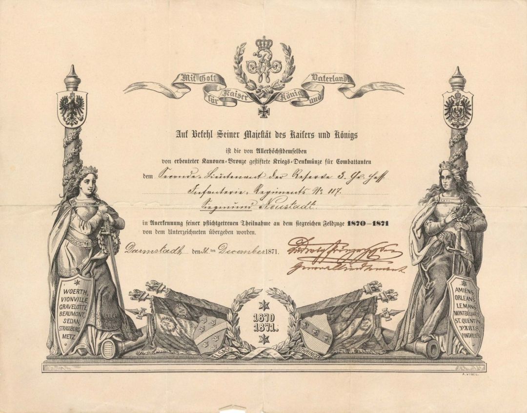  German Certificate - 1870-1871 dated Foreign Document