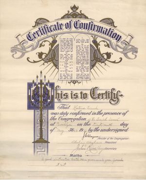  Jewish Certificate of Confirmation - 1906 dated Foreign Document