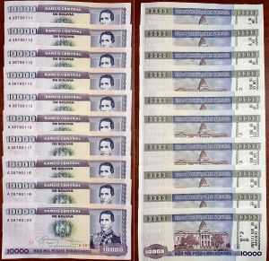 Group of 10 notes - Bolivia - 1 Centavo on 10,000 Pesos Bolivianos - Pick-195 - 1984 dated Foreign Paper Money