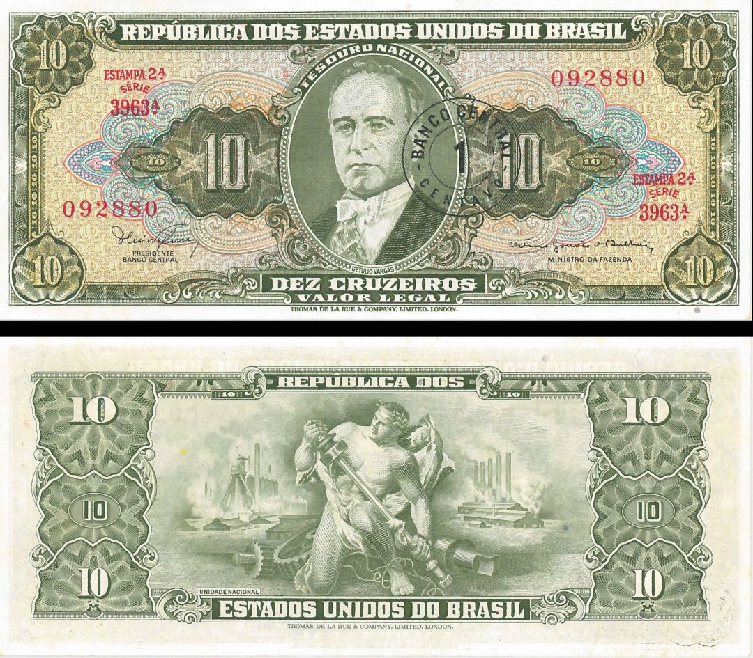Brazil - 1 Centavo on 10 Cruzeiros - P-183b - ND 1967 dated Foreign Paper Money