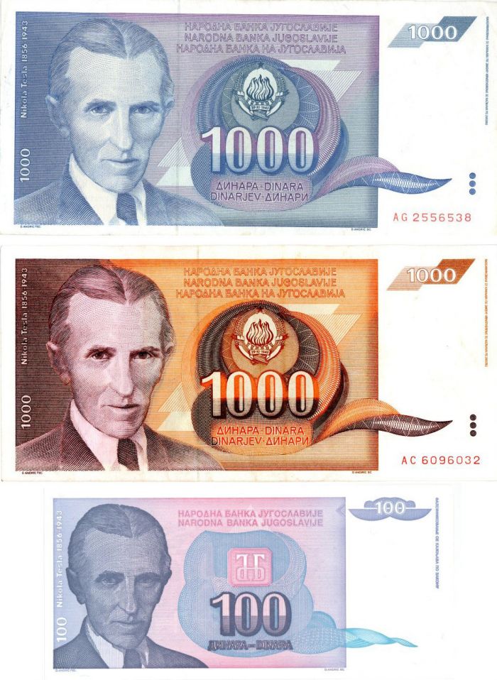Set of 3 Yugoslavia notes with portrait of Nicola Tesla - Foreign Paper Money