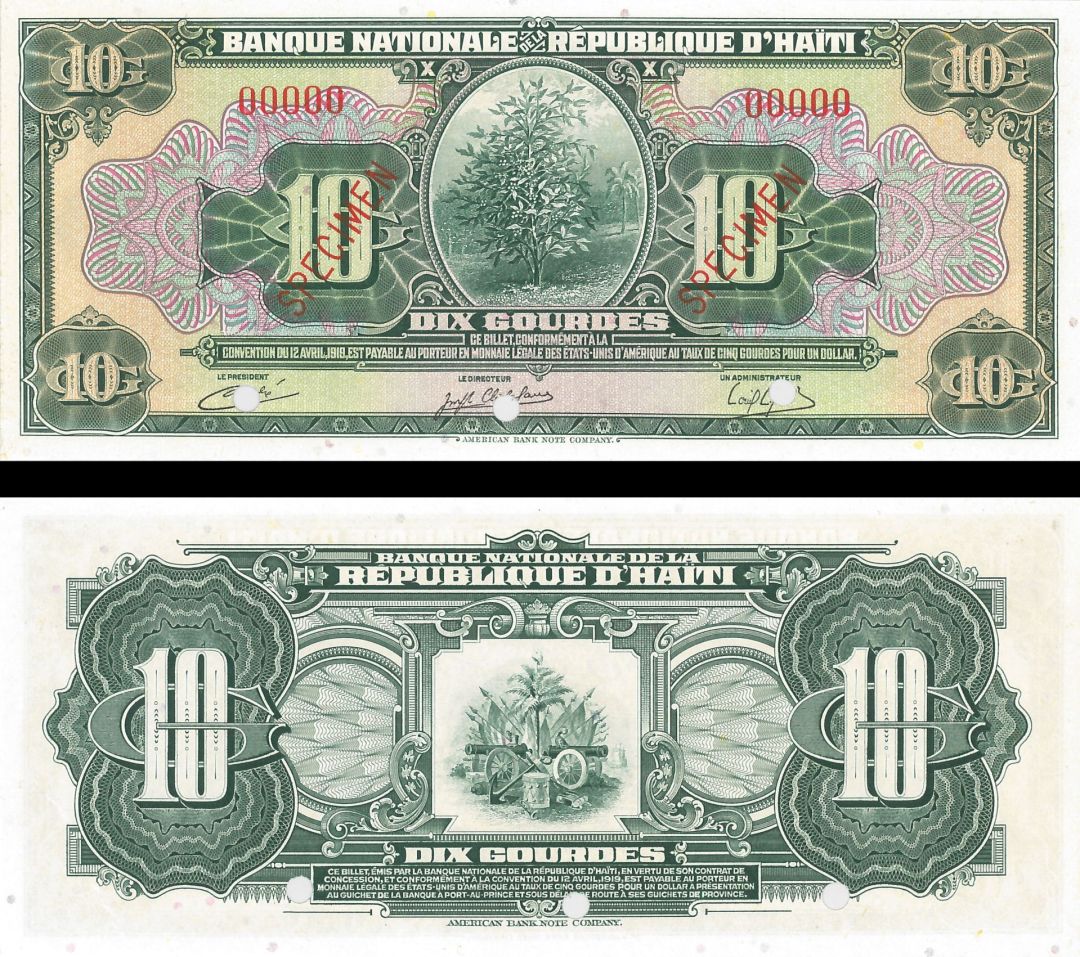 Haiti - 10 Gourdes SPECIMEN - P-181s - 1919 dated Foreign Paper Money