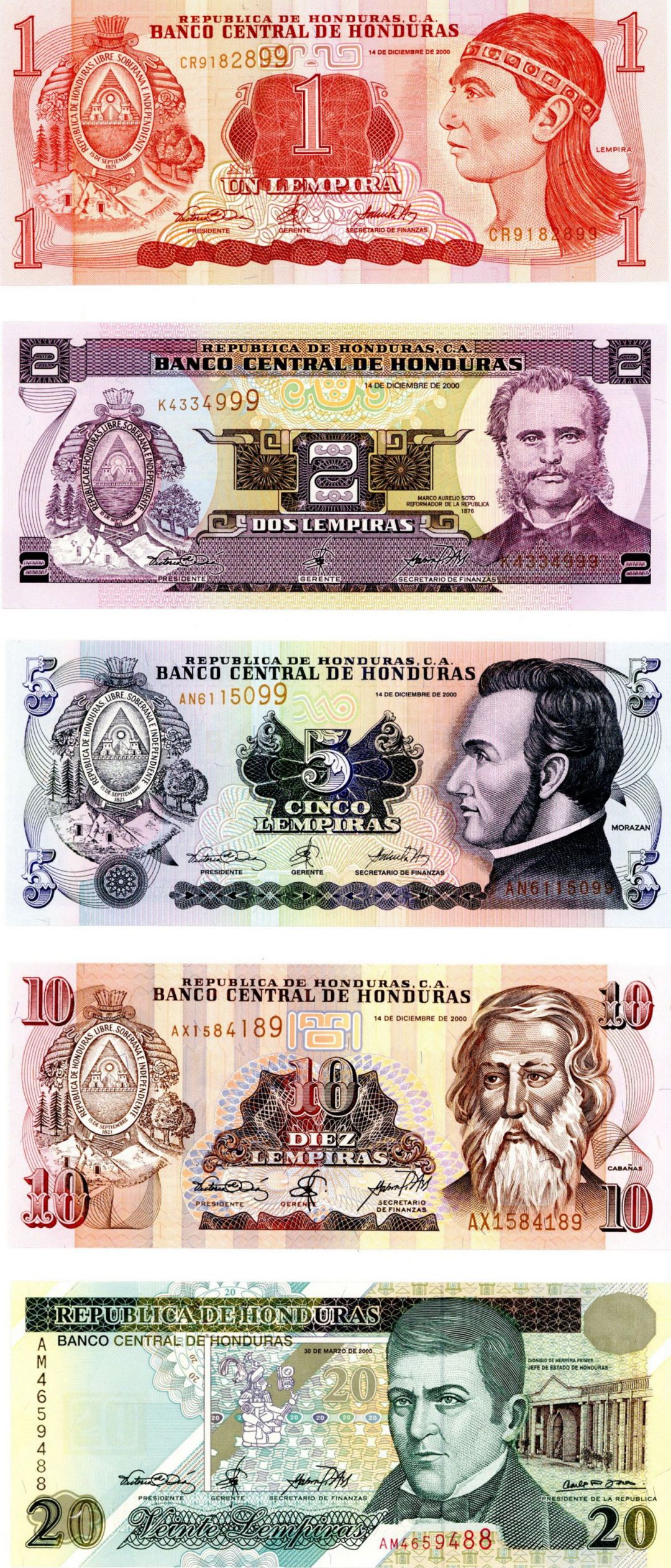 Honduras - Honduran Lempiras - P-80A, 82, 84, 85, 87 - Set of 5 Notes - 2000 dated Foreign Paper Money