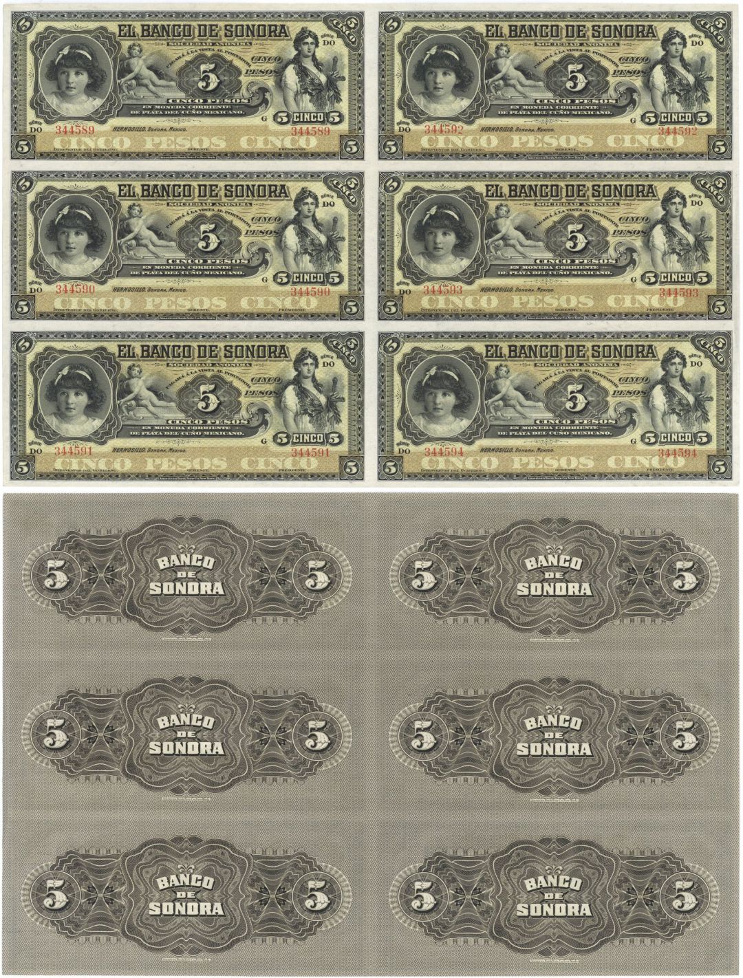 El Banco de Sonora - Uncut Sheet of 6 Notes - P-S419r - 1897-1911 dated Foreign Paper Money