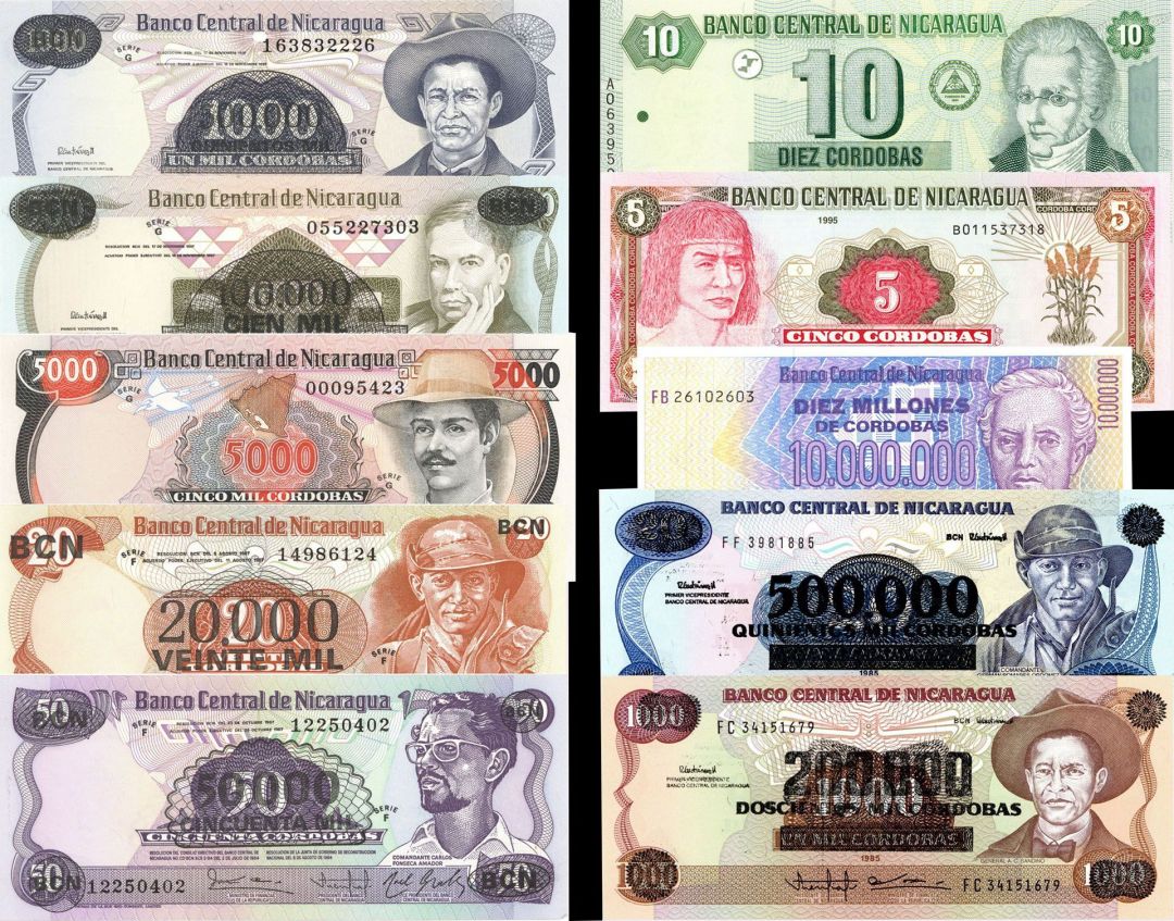 Nicaragua - Collection of 10 Banknotes - 1985-2003 dated Foreign Paper Money - P-146, 147, 148, 149, 150, 162, 163, 166, 180 and P-191 - TEN Pieces of Paper Money