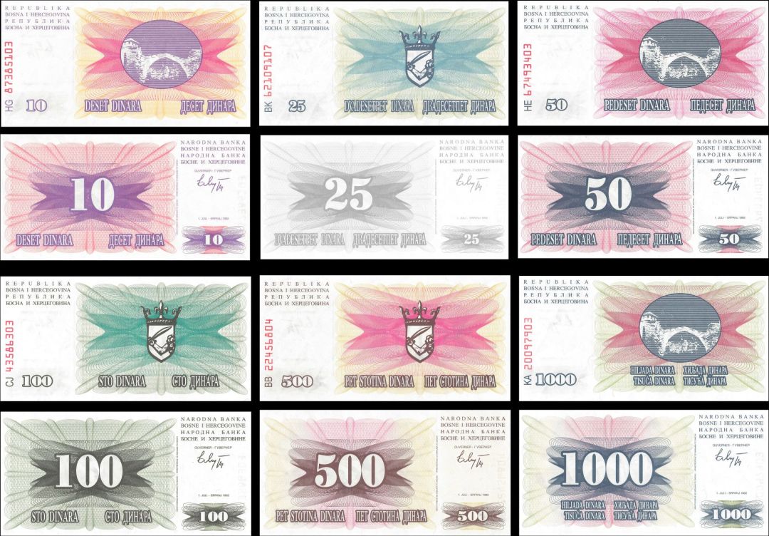 Bosnia Herzegovina - Set of 6 Dinara - P 10a to 15a - 1992 dated Foregin Paper Money