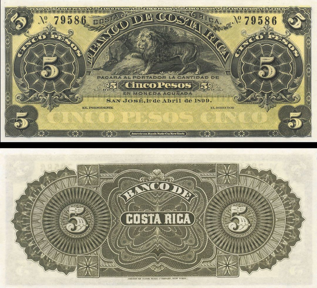 Costa Rica - 5 Pesos, Unsigned - P-S163r1 - 1899 dated Foreign Paper Money