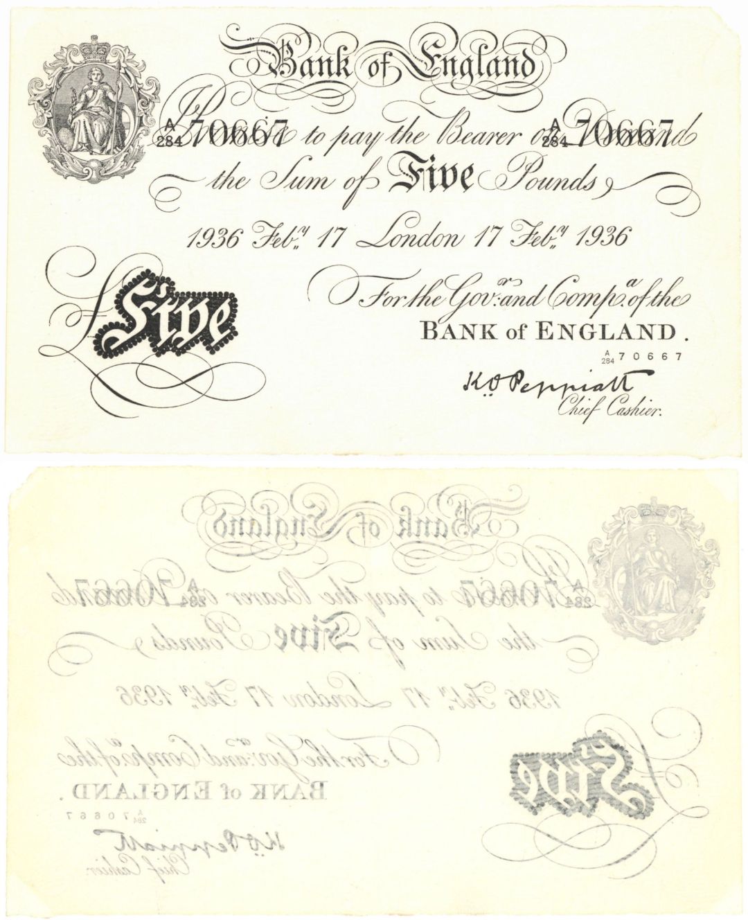 Great Britain - CU Condition - Operation Bernhard Note £5 - P-335a - February 17, 1936 dated Foreign Paper Money - Famous Nazi Counterfeit Note