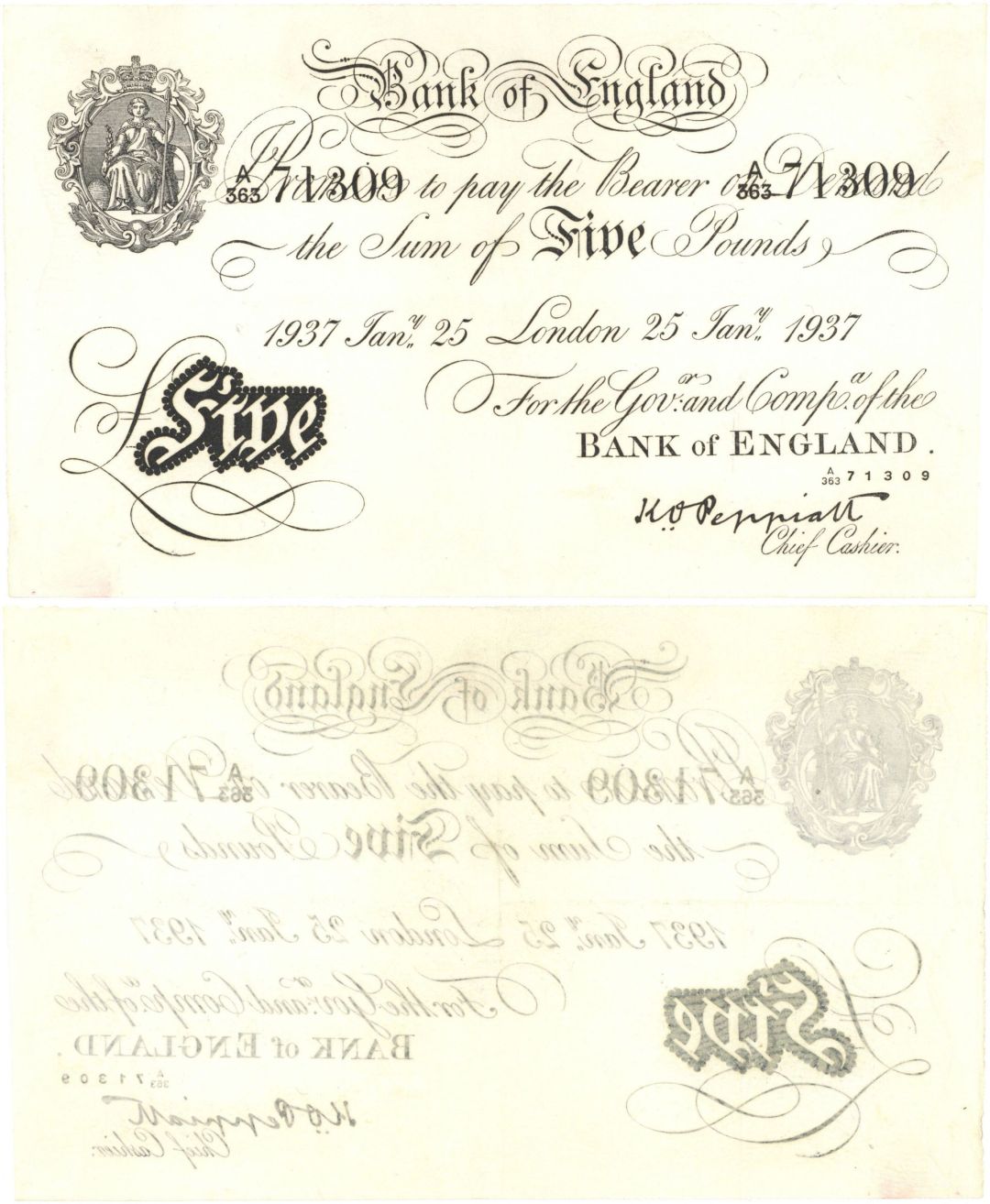 Great Britain - Operation Bernhard Note £5 - P-335a - January 25, 1937 dated Foreign Paper Money