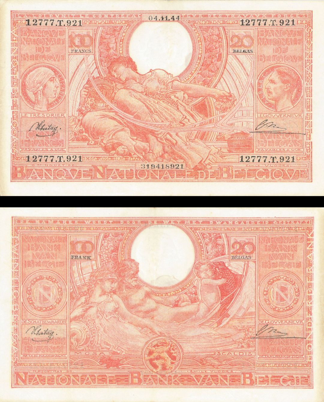 Belgium - 100 Francs/ 20 Belgas - P-113 - 1944 dated Foreign Paper Money