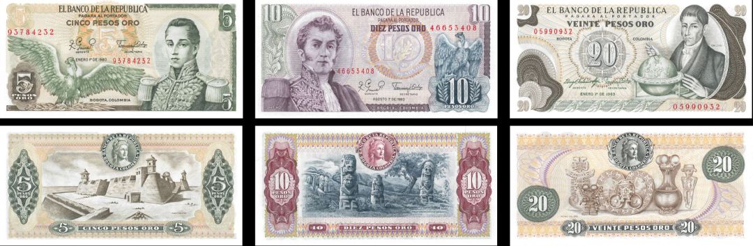 Colombia - 5, 10, 20 Pesos Oro - P-406f, 407g, 409d - 1980-1990 dated Foreign Paper Money