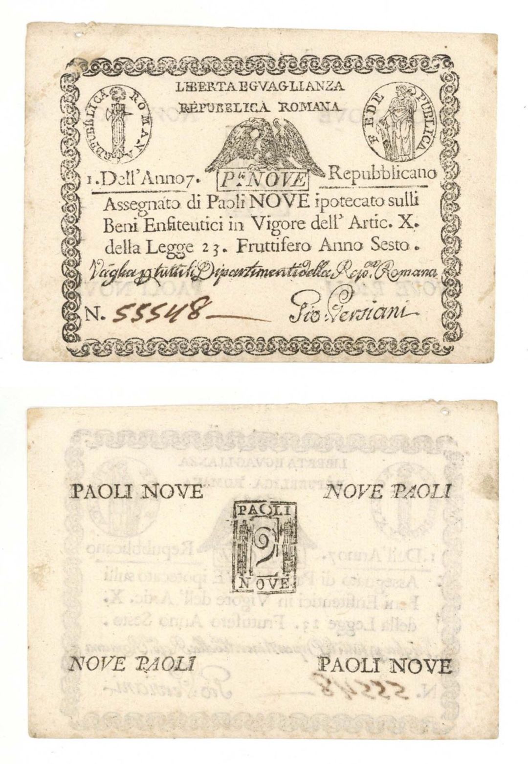 Italy - 9 Paoli - P-S539 - Anno 7(1798) dated Foreign Paper Money