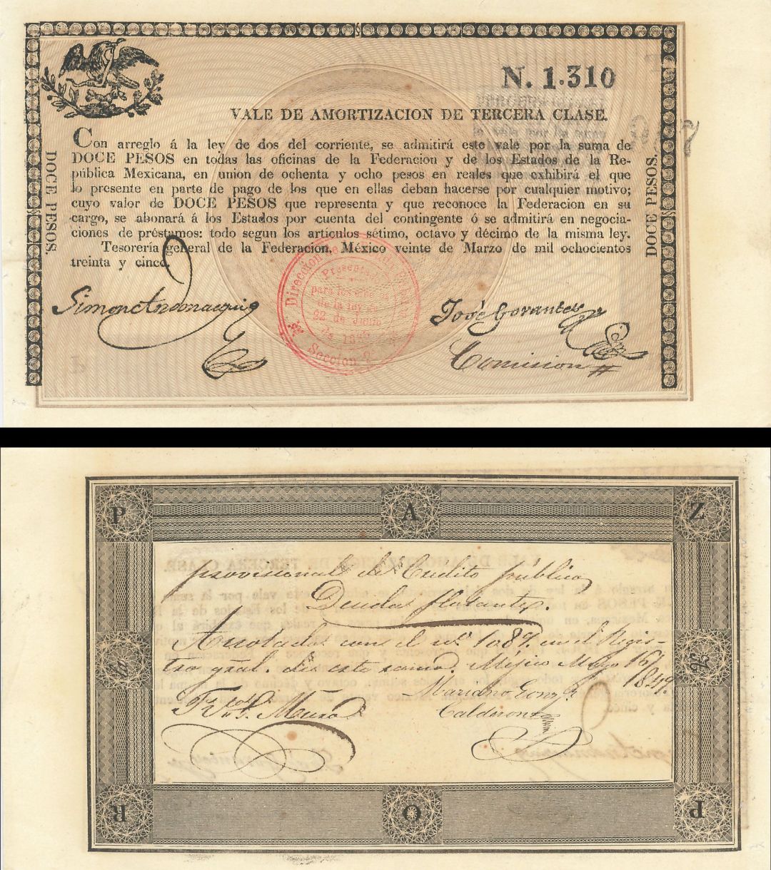 Mexico - 12 Pesos - P-NL - 1835 dated Foreign Paper Money