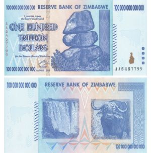 AA Zimbabwe 100 Trillion Dollar Blue Note - 2008 dated Uncirculated Authentic Paper Money - 100,000,000,000,000 Zimbabwe Dollar Note
