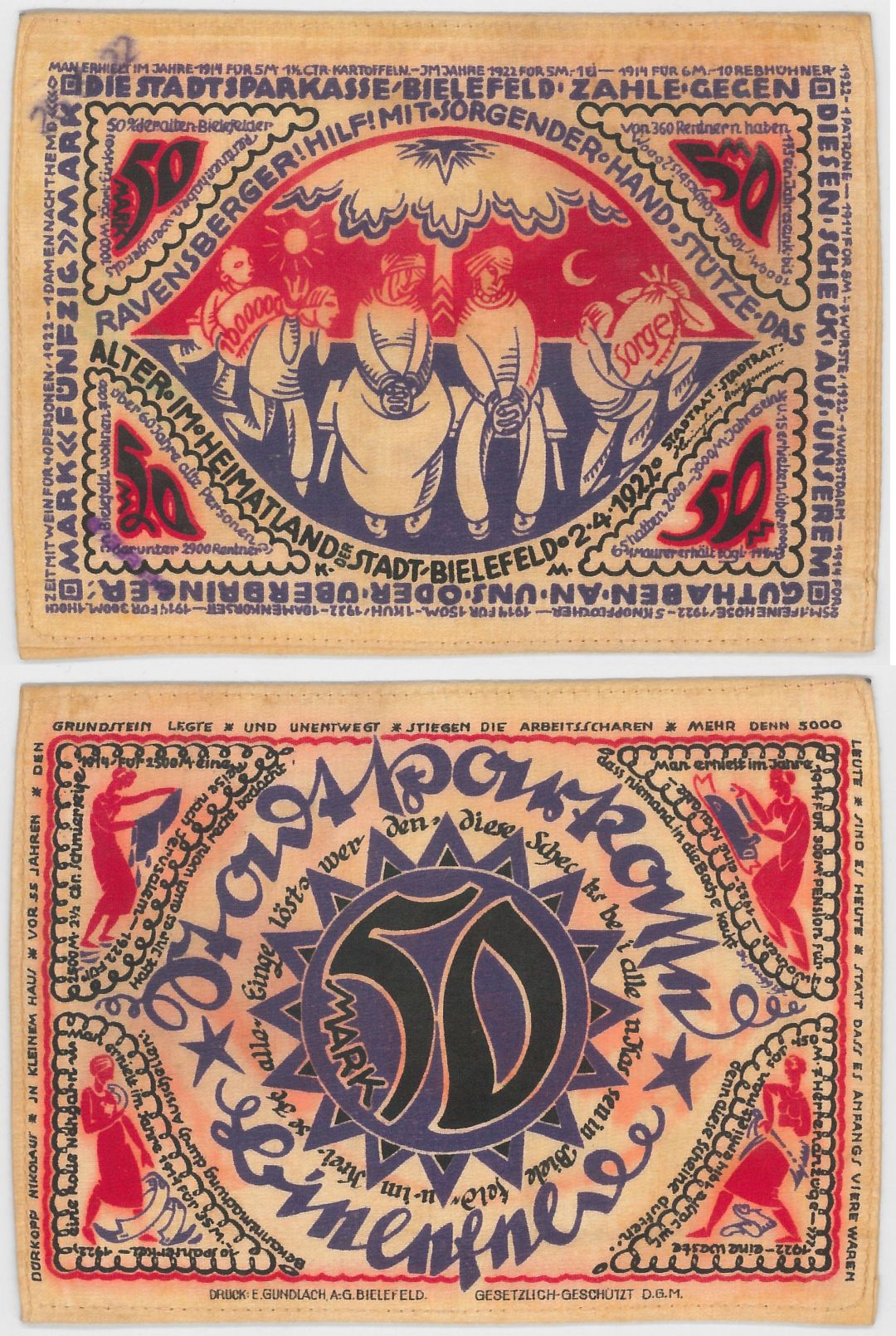 Germany - 50 Marks Silk Notgeld - dated 2.4.1922 Foreign Paper Money