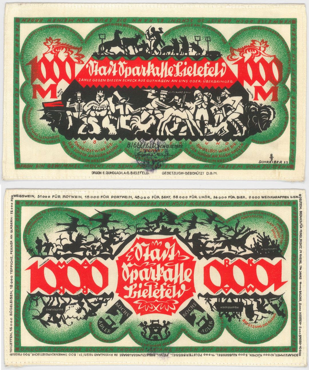 Germany - 1,000 Marks, Bielefeld. Linen Notgeld - dated 15.12.1922 Foreign Paper Money