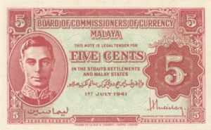 Malaya - 5 Cents - P-7b - 1945 dated Foreign Paper Money