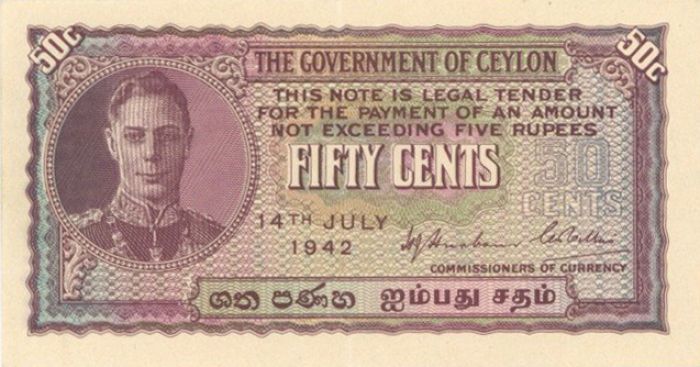 Ceylon - 50 Cents - P-45a - 14.7.1942 Dated Foreign Paper Money