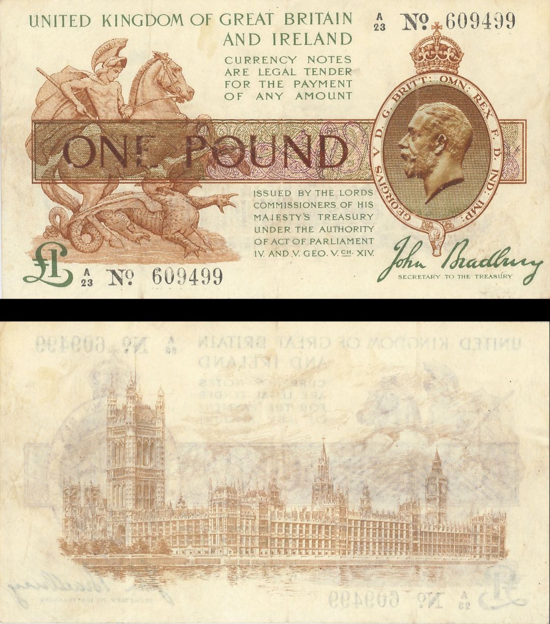Great Britain 1 Pound - P-351 - 1917 dated Foreign Paper Money