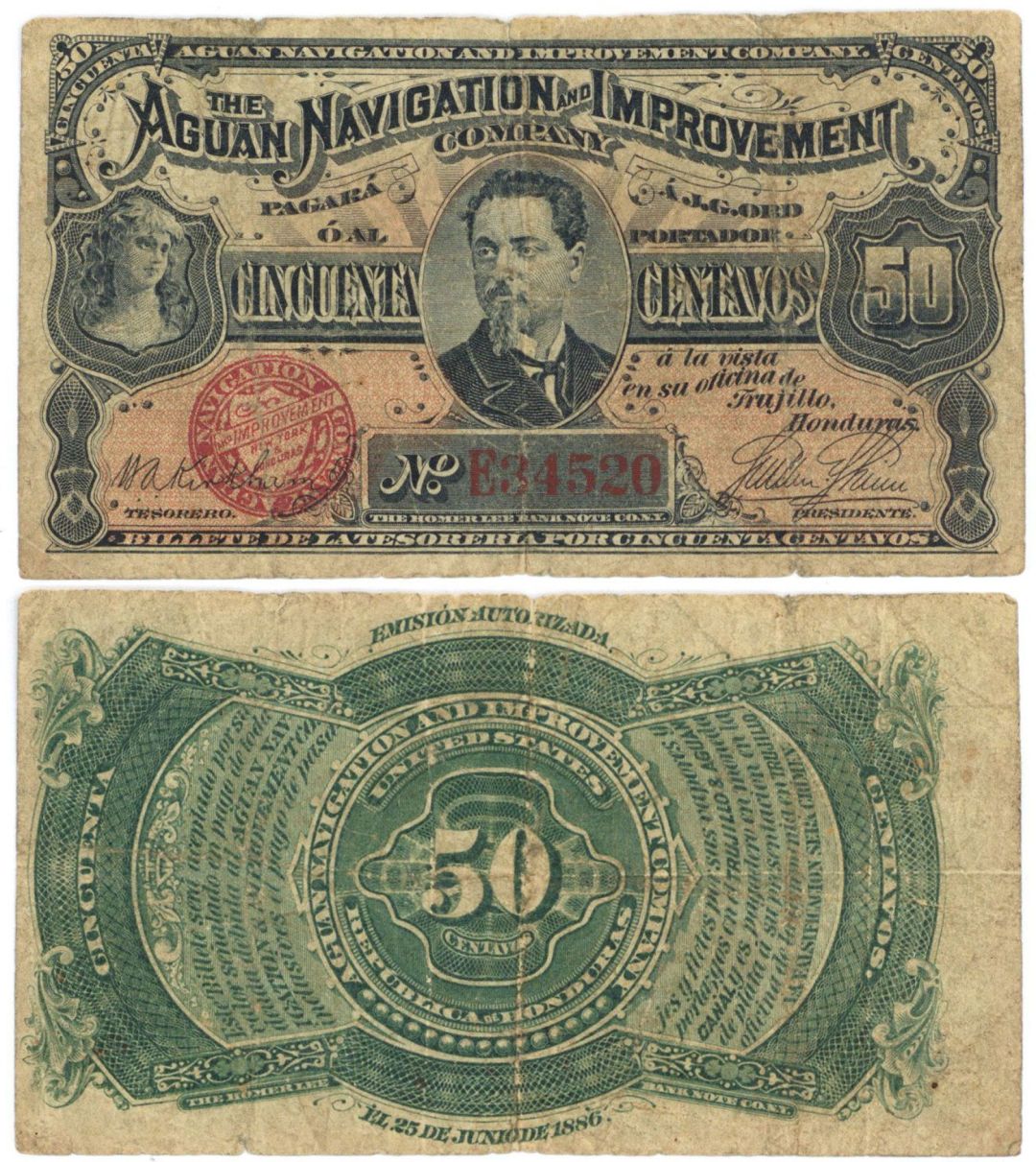 Honduras - 50 Centavos - P-S101 - 1886 dated Foreign Paper Money - Very Good to Fine Condition