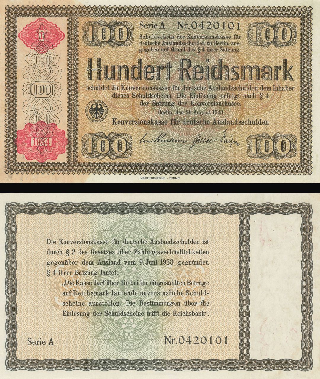 Germany 100 German Reichsmark - P-212 Overprint on P-204 - August 28, 1933 dated Foreign Paper Money