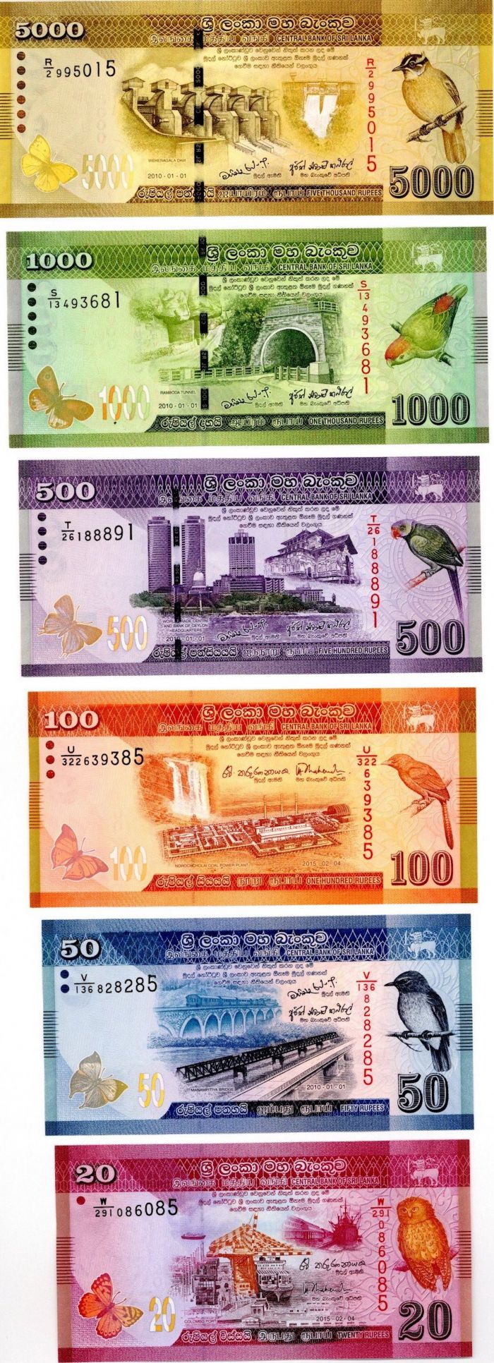 Sri Lanka - 20, 50, 100, 500, 1000, 5000 Rupees - P-Set - 2015 dated Foreign Paper Money