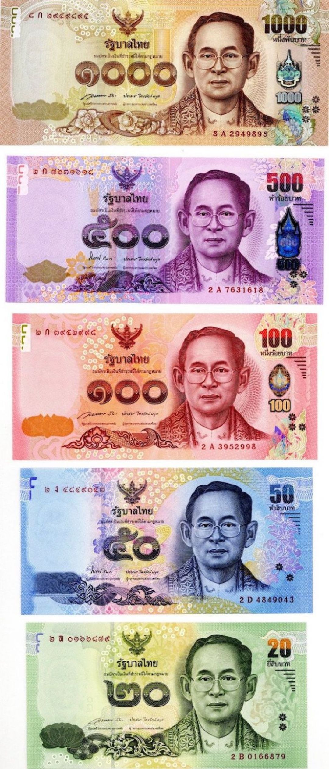 Thailand - 20, 50, 100, 500, 1000 Thai Baht Set of 5 - P-118-122 - 2010's dated Foreign Paper Money