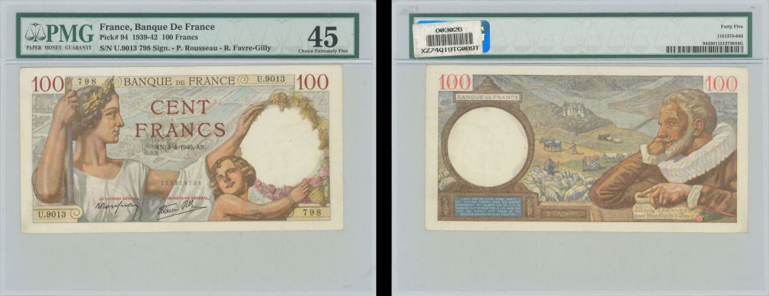 France 100 Francs - P-94 - PMG GRADED 45 - dated 1839-42 France Foreign Paper Money