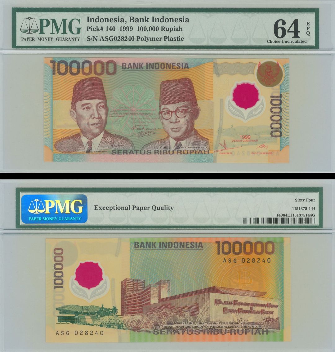 Indonesia, Bank Indonesia - 100,000 Rupiah - P-140 - PMG 64CU - 1999 dated Foreign Paper Money