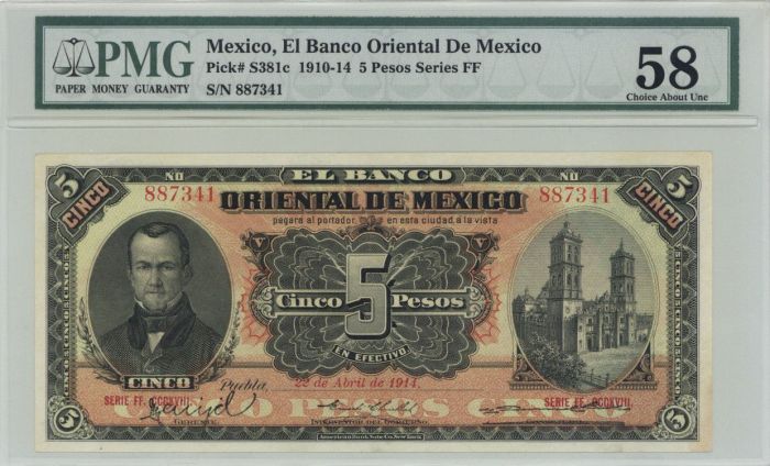 Mexico - El Banco Oriental De Mexico - 5 Pesos - P-S381c - 1914 dated Foreign Paper Money