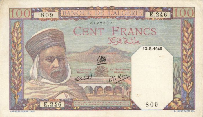 Algeria - 100 Algerian Francs - P-85 - 1940 dated Foreign Paper Money