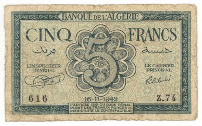 Algeria - 5 Francs - P-91 - 1942 dated Foreign Paper Money