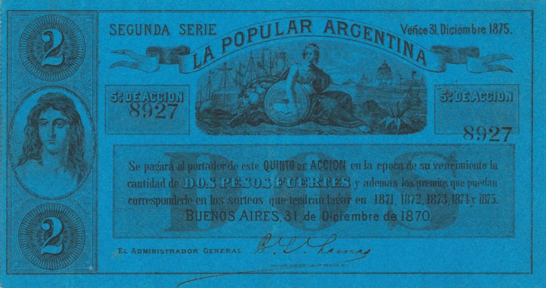 Argentina -2 Pesos - Stock-2nd Series - 1870 dated Foreign Paper Money