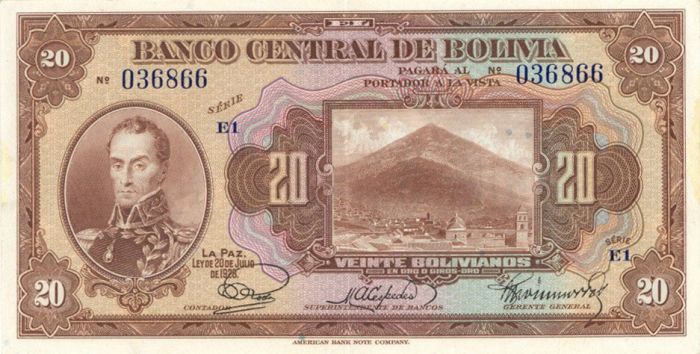 Bolivia - 20 Bolivianos - P-122a - 20.7.1928 dated Foreign Paper Money