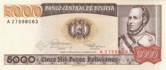 Bolivia - 5 Mil Pesos Bolivianos - P-168a - 10.2.1984 dated Foreign Paper Money