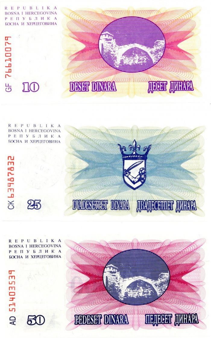 Bosnia Herzegovina -  10,25,50 Dinara - P-53a-54a-55a - 1993 dated Foreign Paper Money