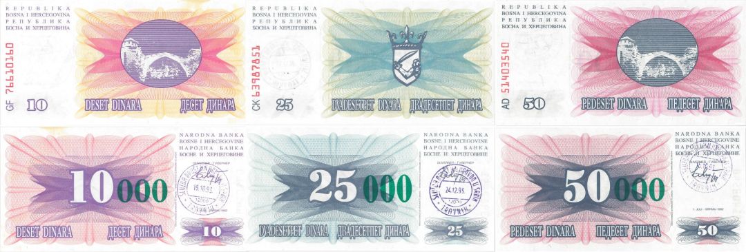 Bosnia Herzegovina -  10,25,50 Dinara - P-53a-54a-55a - 1993 dated Foreign Paper Money