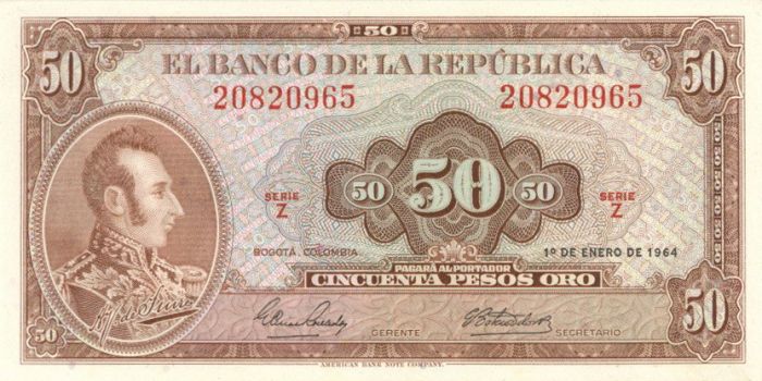 Colombia - 50 Colombian Pesos - Series Z  - P-402b - 1964 dated Foreign Paper Money