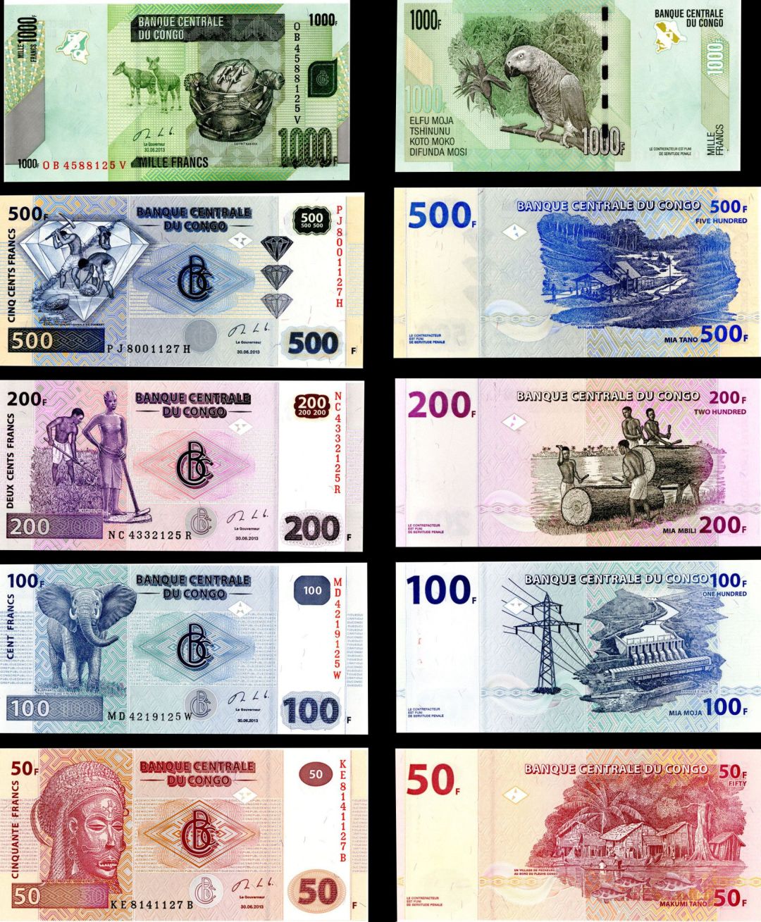 Congo Democratic Republic - 50, 100, 200, 500, & 1000 Francs - P-New - 2013 dated Foreign Paper Money