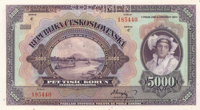 Czechoslovakia - 5,000 Korun - P-19s - 1920 dated Foreign Paper Money